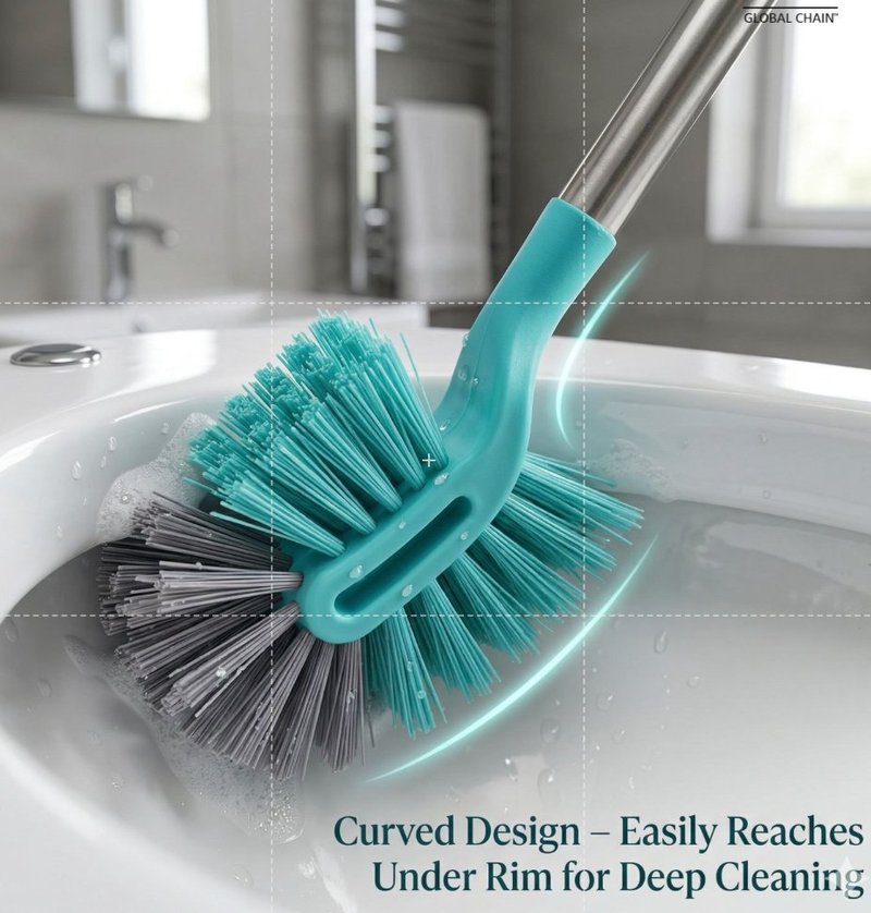 Double-hockey toilet brush — curved design for under-rim cleaning