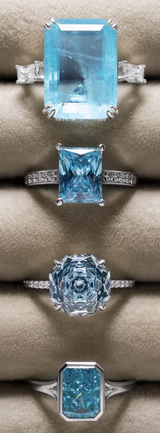 Rings set with blue and aqua stones